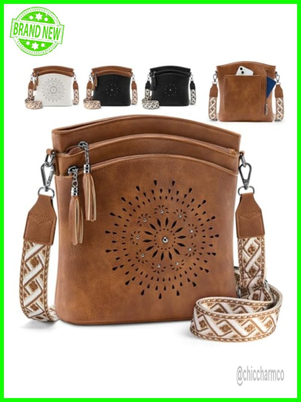 Medium PU Leather Crossbody Bag Floral Wide Strap 7 Pockets Waterproof